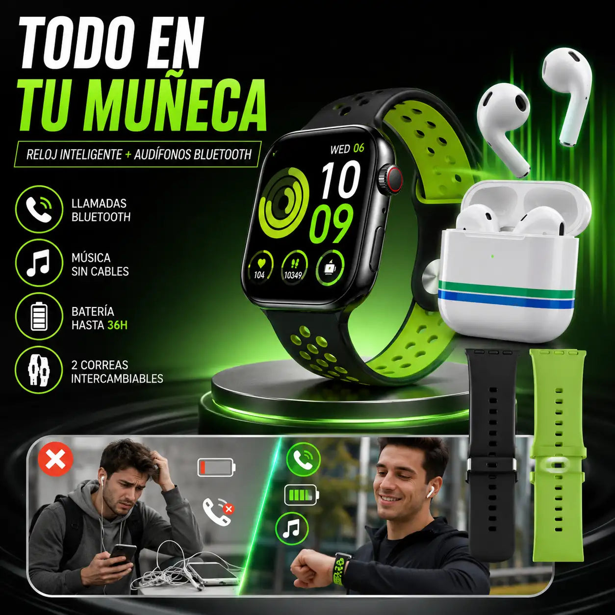 Reloj inteligente + correas + audífonos Bluetooth en un solo combo.