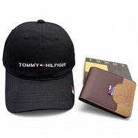 Gorra Negra Tommy + Billetera Marrón con Beige