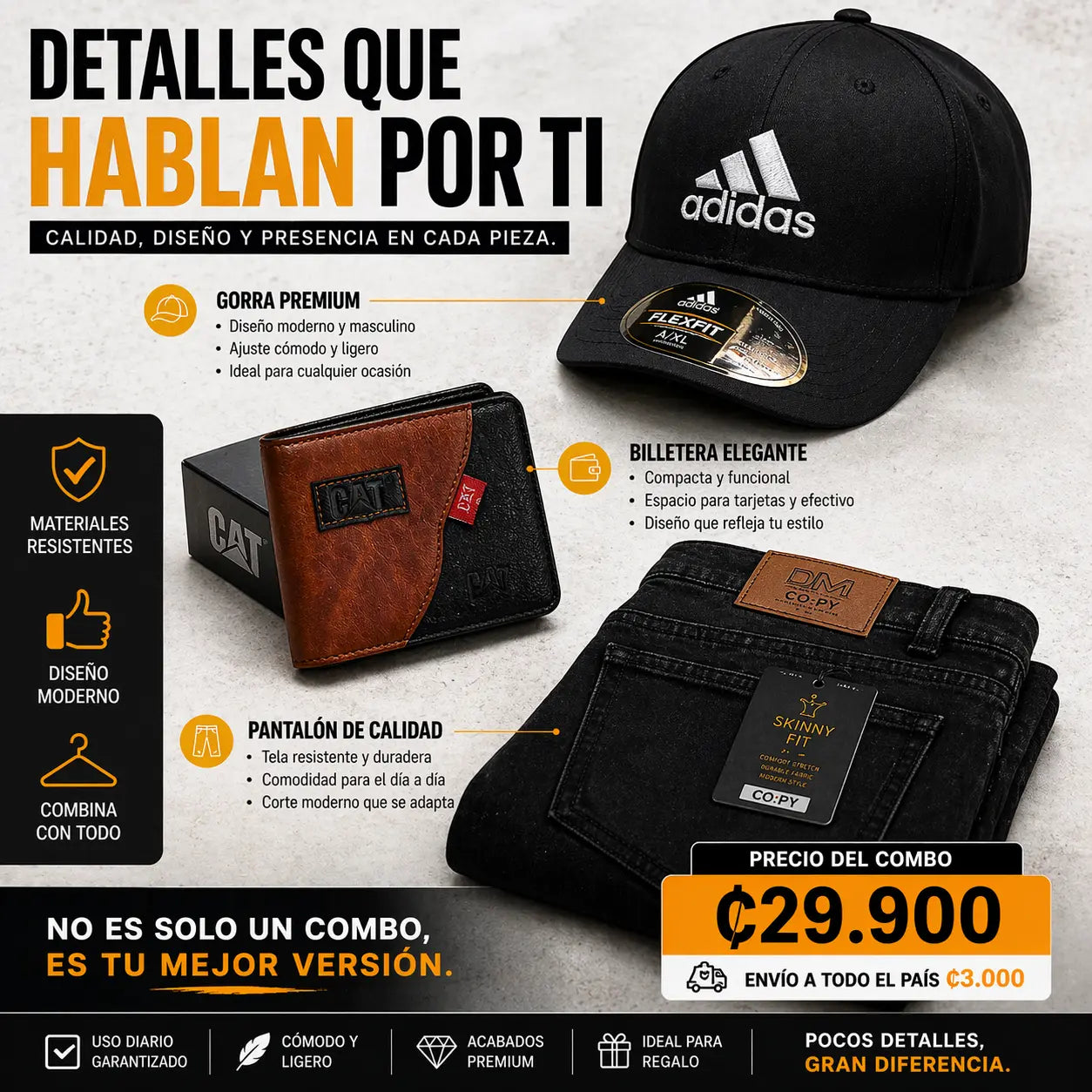 COMBO COMPLETO PARA HOMBRES (PANTALÓN + GORRA + BILLETERA)