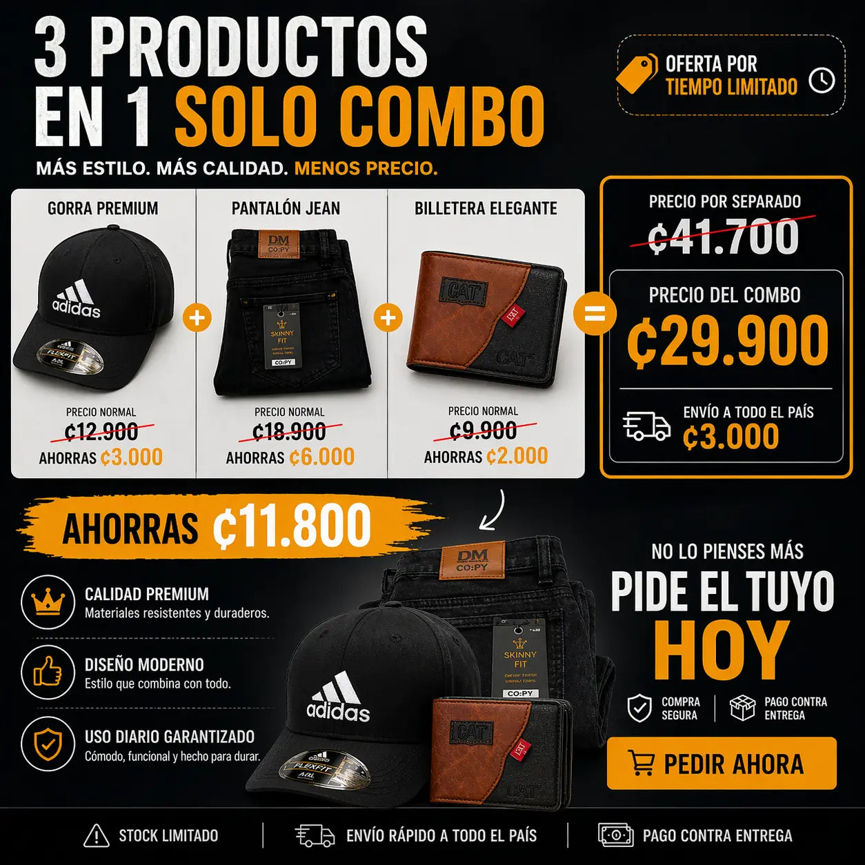 COMBO COMPLETO PARA HOMBRES (PANTALÓN + GORRA + BILLETERA)