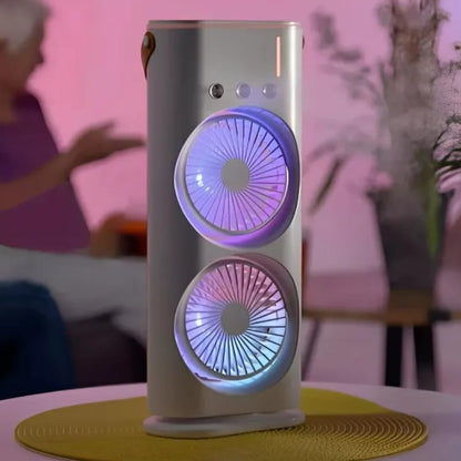 Ventilador Portátil Doble 4 en 1 - con Humidificador LED y Control Remoto