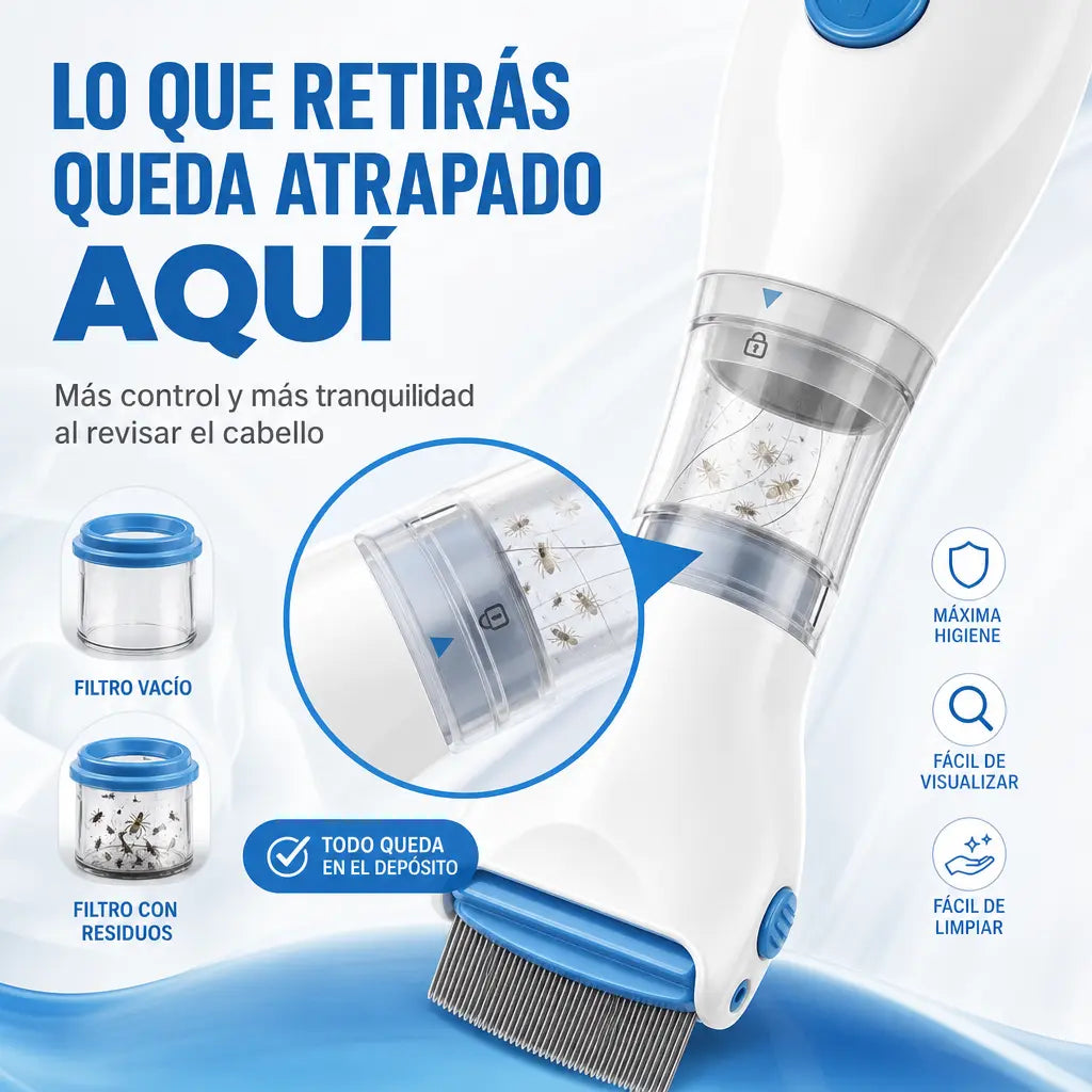 Sacapiojos Eléctrico | Peina, aspira y atrapa piojos y liendres desde la primera pasada