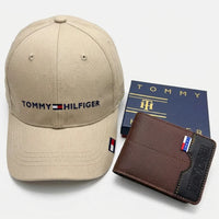 Gorra Beige Tommy + Billetera Marron con Negra Vertical