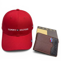 Gorra Roja Tommy + Billetera Marron con Negra Vertical